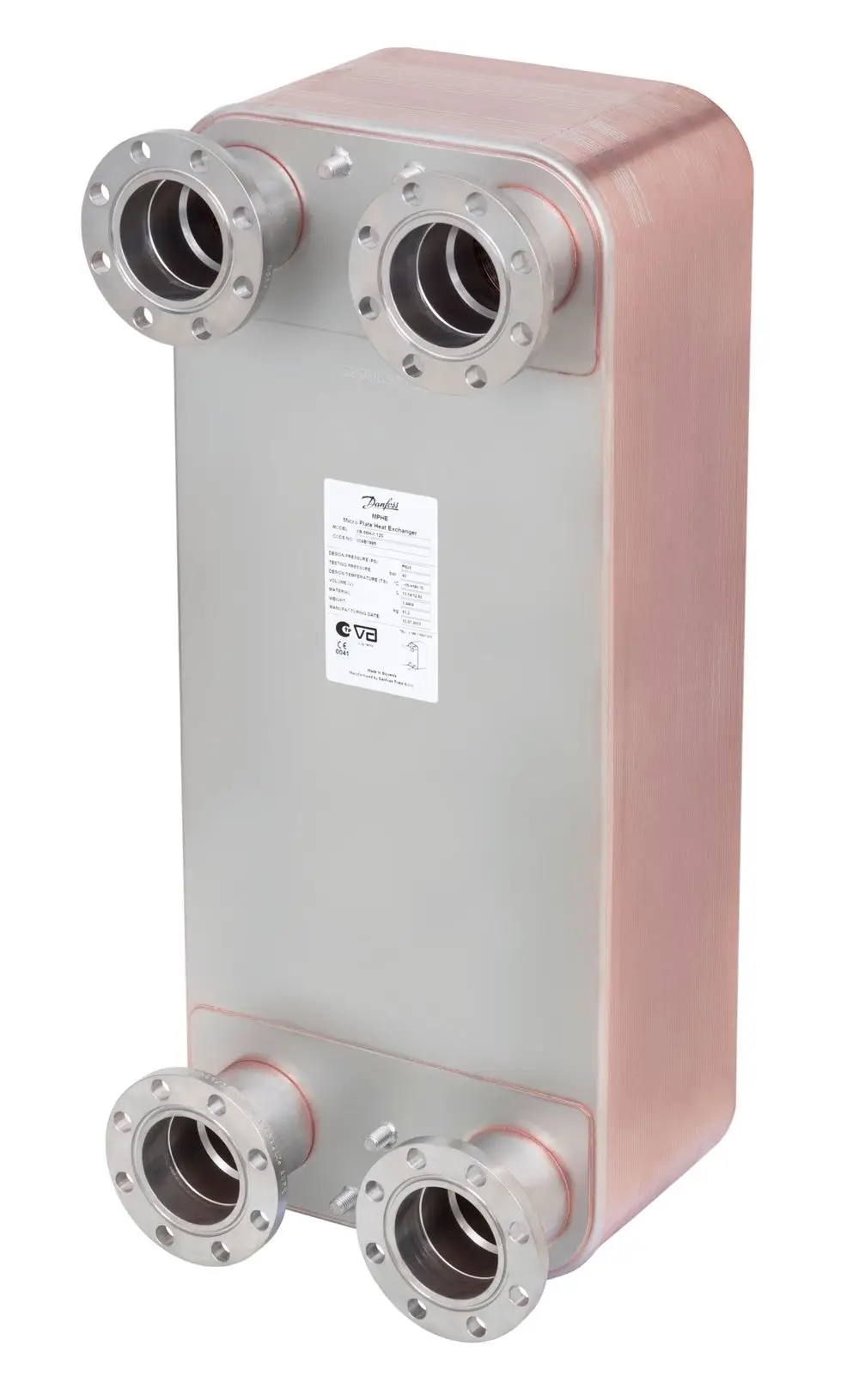 Plattenwärmeübertrager von Danfoss mit mehreren Anschlüssen, einem kompakten Design und einem gelöteten Plattenaufbau zur effizienten Wärmeübertragung.